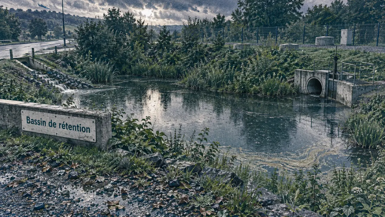 Bassin de retention d eau, bassin de rétention paysager avec régulation anti-inondations