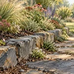 Bordure fleurs jardin en pierre naturelle le long d’un massif fleuri