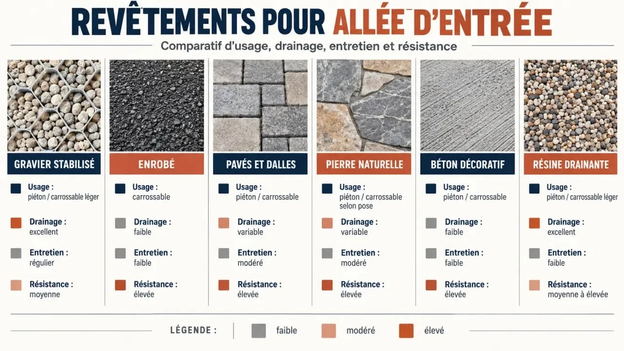 Infographie comparative pour l'aménagement d'une allée d'entrée de maison selon les revêtements