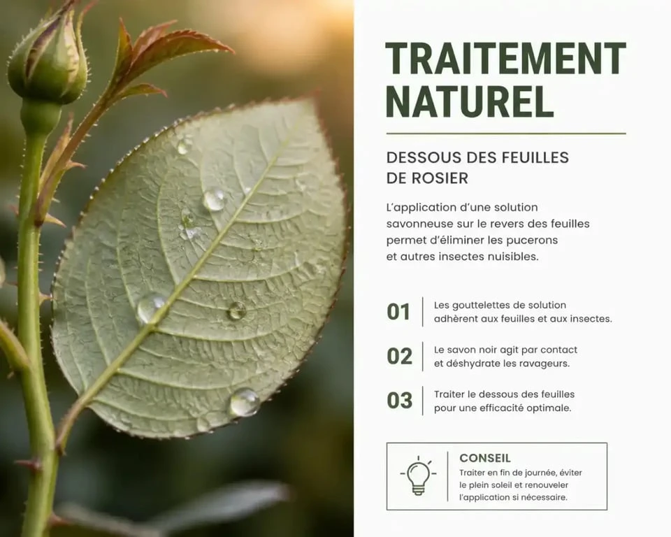 Pulvérisation de savon noir sous les feuilles d'un rosier malade