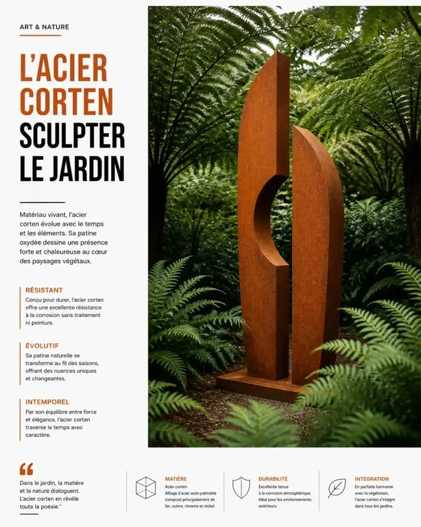 Objet de décoration jardin en acier corten contrastant avec la végétation