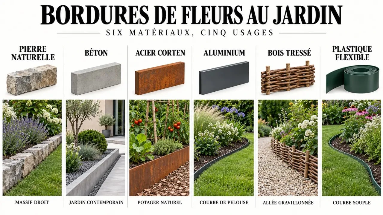 Bordure fleurs jardin : comparaison visuelle des matériaux pour délimiter un massif