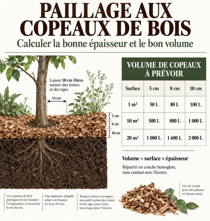 Jardin copeaux de bois : épaisseurs et volumes de paillage selon la surface