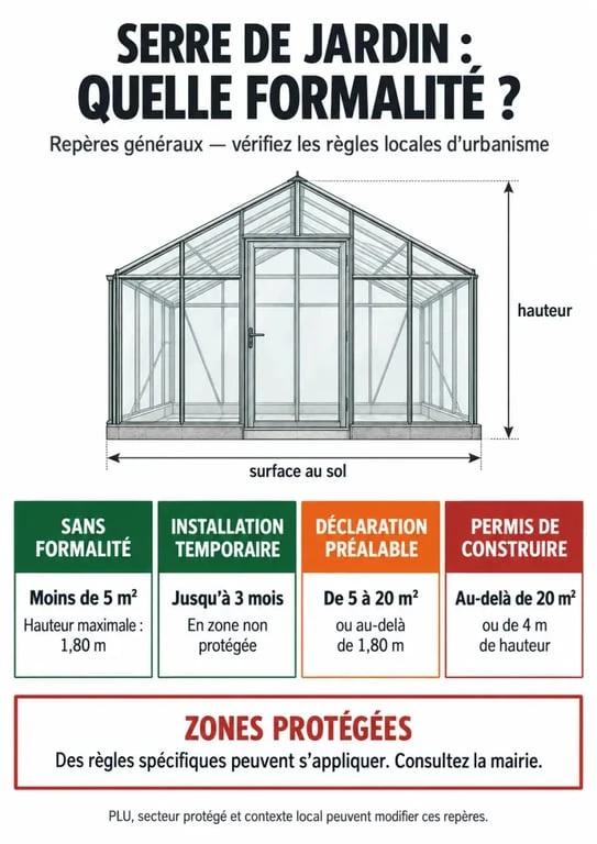 Infographie sur les seuils d’une serre de jardin sans autorisation selon la surface, la hauteur et la durée d’installation