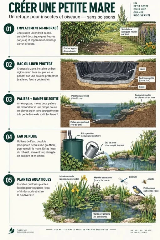 Étapes pour créer une petite mare de jardin avec bac, plantes et rampe de sortie