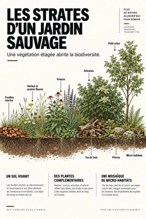 Jardin sauvage avec strates végétales et micro-habitats favorables à la biodiversité