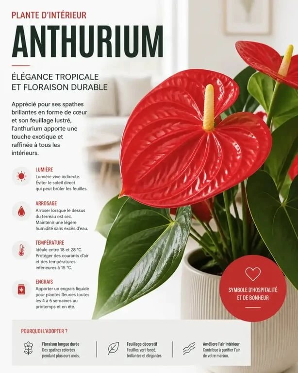 Plante verte à fleurs rouges Anthurium en intérieur