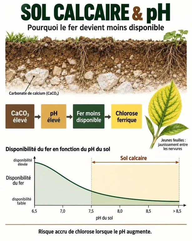 Infographie sur le sol calcaire pH, le carbonate de calcium et la chlorose ferrique