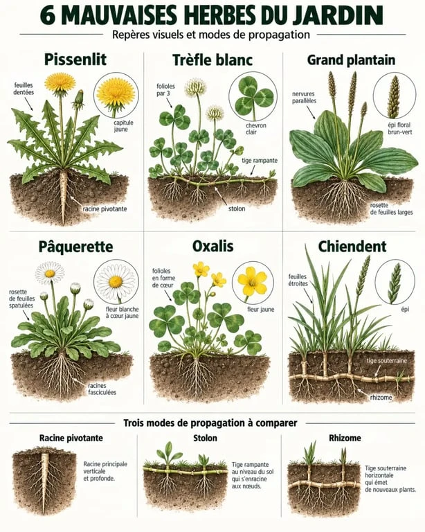 Liste mauvaises herbes courantes : pissenlit, trèfle blanc, plantain, pâquerette, oxalis et chiendent avec leurs critères d’identification