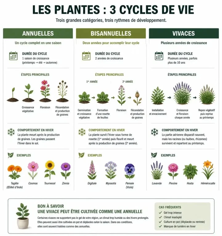 Infographie comparative sur les plantes vivaces annuelles, bisannuelles et vivaces