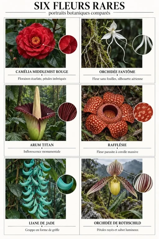 Planche comparative de six fleurs rares emblématiques, dont l’arum titan, la rafflésie et l’orchidée fantôme