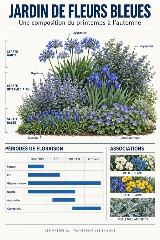 Infographie d’un jardin fleurs bleues avec floraisons du printemps à l’automne