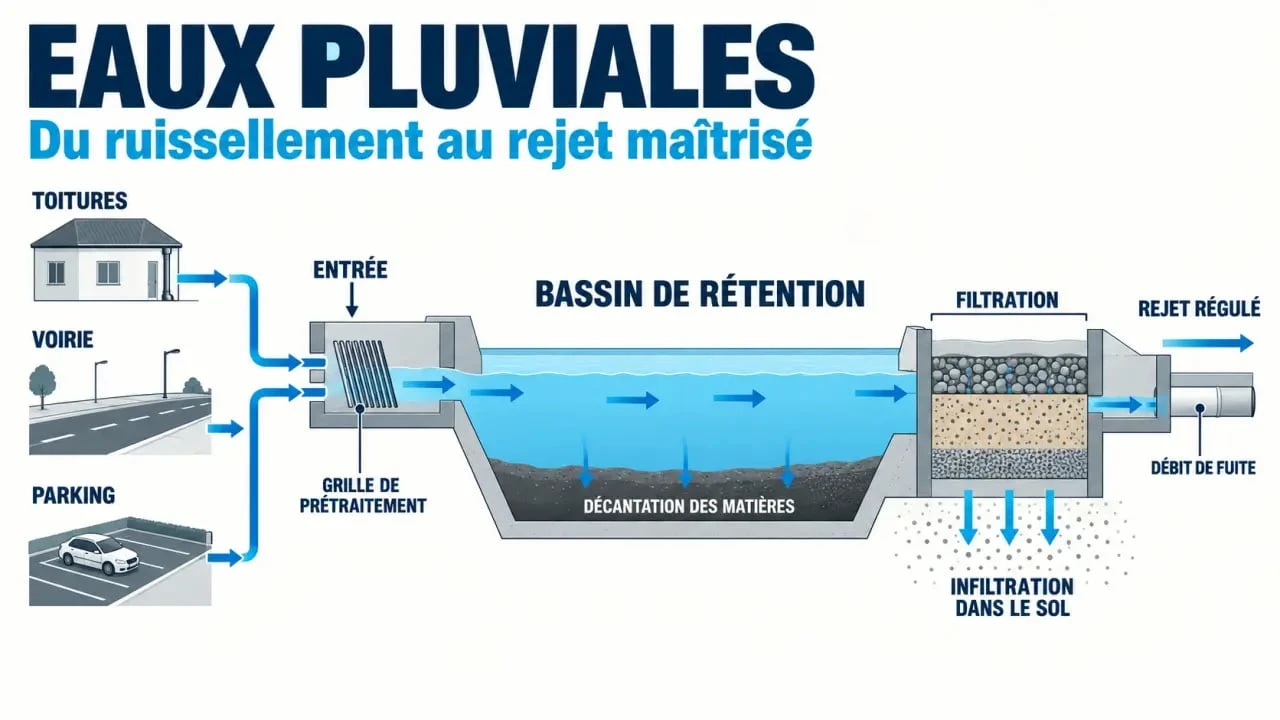 Schéma du parcours de l’eau dans un bassin de rétention d’eau