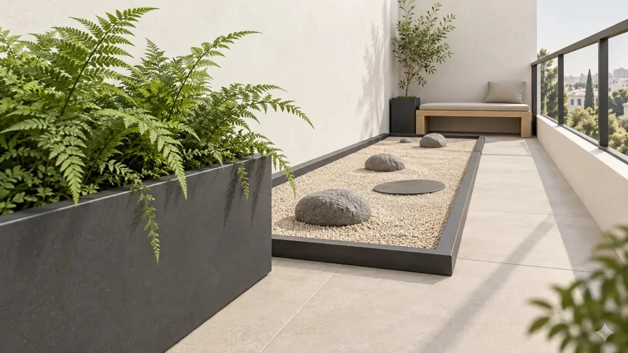 Jardin zen exterieur pas cher sur balcon avec gravier, fougères et galets