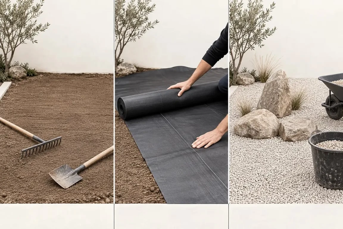 Réalisation d’un jardin zen exterieur pas cher avec géotextile, gravier et pierres