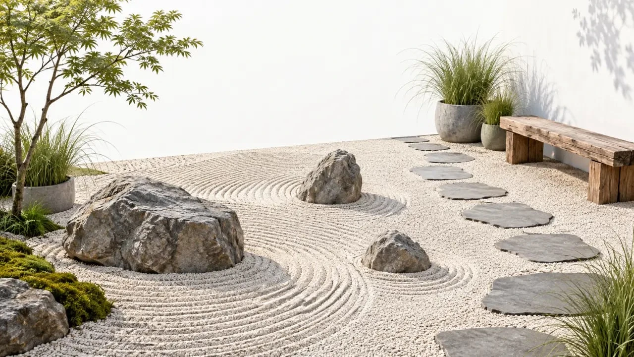 Jardin zen exterieur pas cher avec gravier, pierres, plantes et banc récupéré