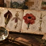 Fleurs rares : herbier botanique avec loupe sur table en bois sombre