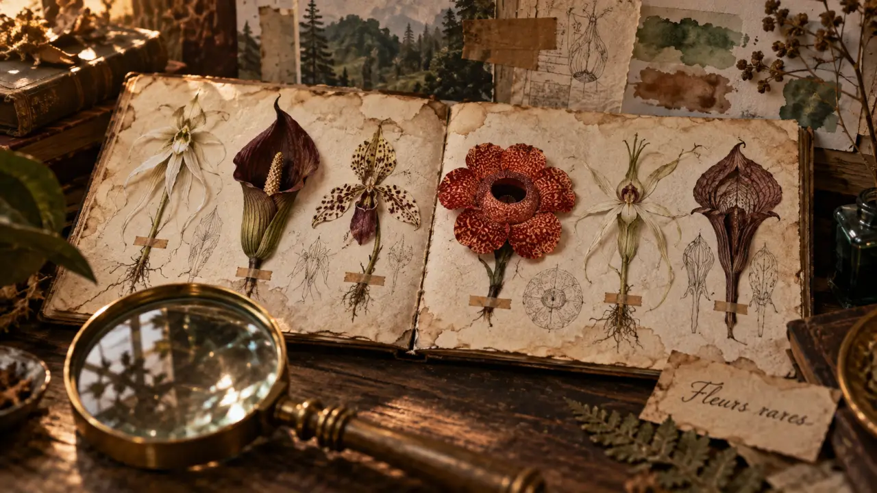 Fleurs rares : herbier botanique avec loupe sur table en bois sombre