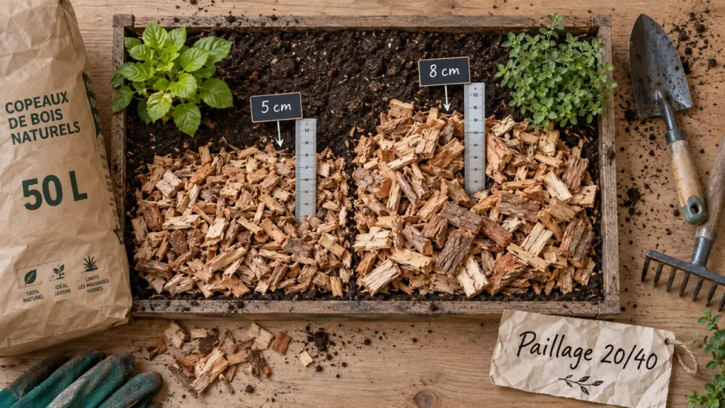 Copeaux de bois au jardin : 5 à 8 cm pour pailler sans étouffer les plantes