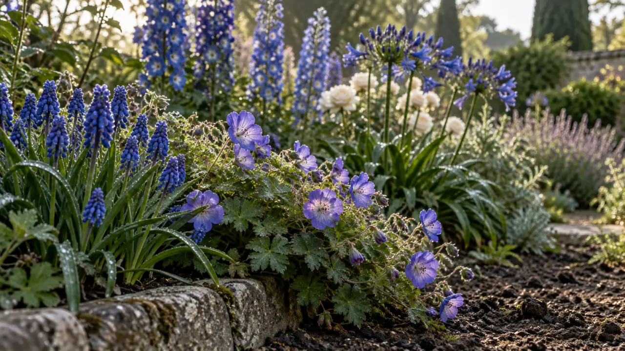 Jardin fleurs bleues : muscari bleu et géranium Rozanne, delphinium et agapanthes
