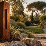 Objet décoration jardin : sculpture en acier corten dans la terre et les pierres