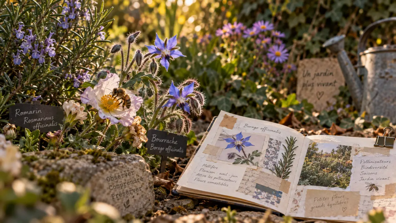 Plante mellifère : abeille sur romarin et bourrache au jardin