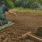 Jardinier pour semer pelouse : terre nivelée et graines