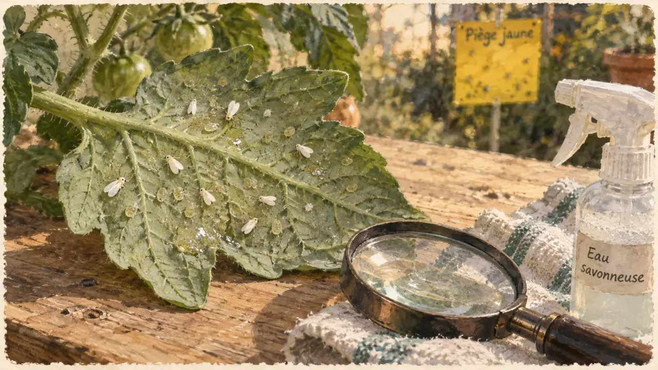 Aleurode traitement : diagnostic et piège jaune sur feuille de tomate
