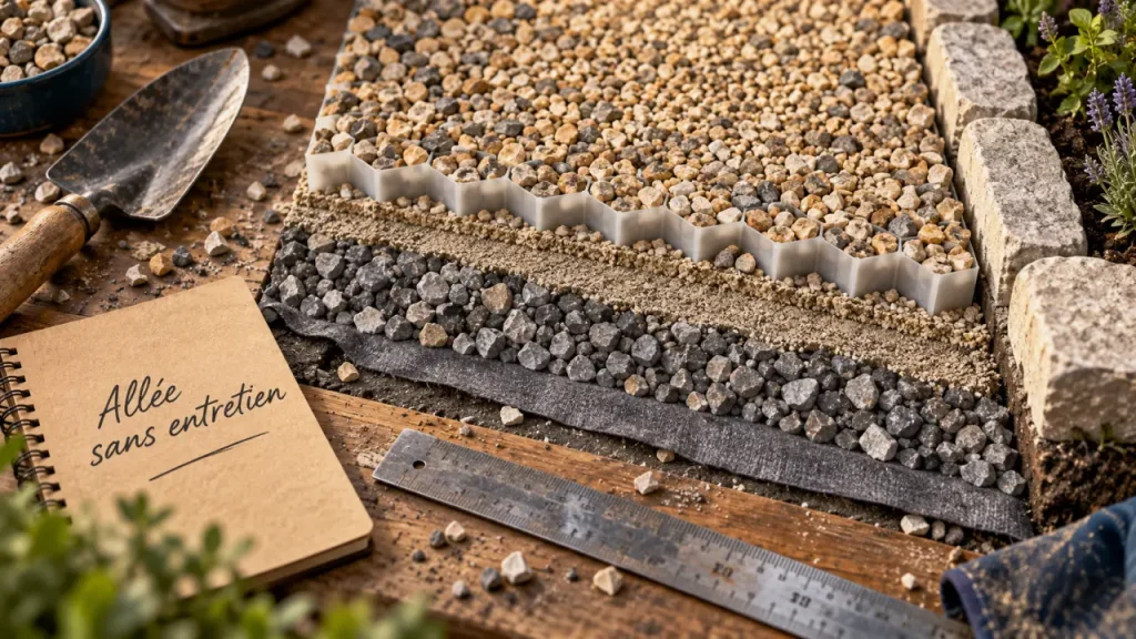 Allée de jardin sans entretien : géotextile, grave et gravier stabilisé