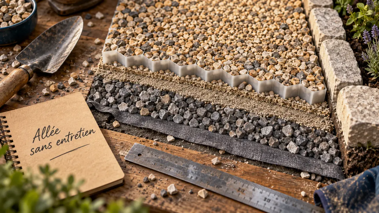 Allée de jardin sans entretien : géotextile, grave et gravier stabilisé