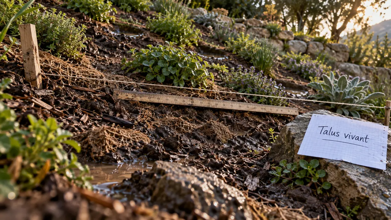 Aménagement talus : talus vivant avec paillis et plantes couvre-sol après pluie