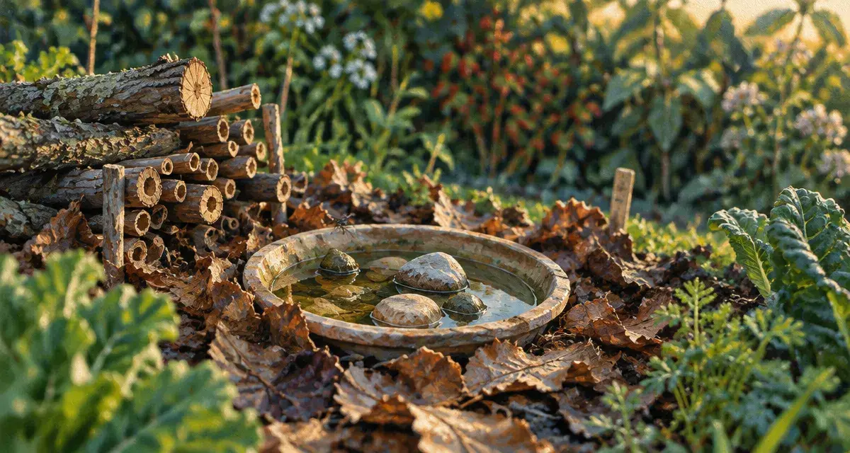 Animaux jardin : coupelle d’eau, pierres et refuge pour pollinisateurs