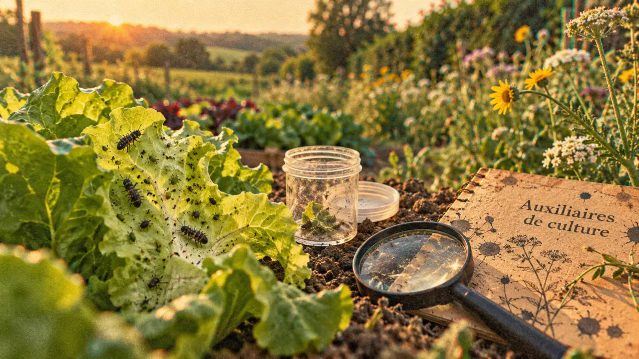 Auxiliaires de culture au potager : pucerons et larves sur une salade, haie fleurie