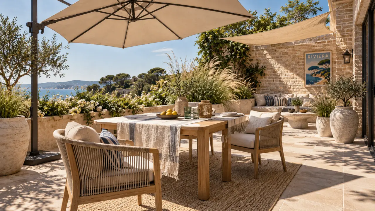 Comment aménager une terrasse exposée plein sud : ombre fraîche avec parasol et lumière