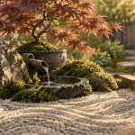 Décoration jardin zen : gravier clair, fontaine et érable du Japon