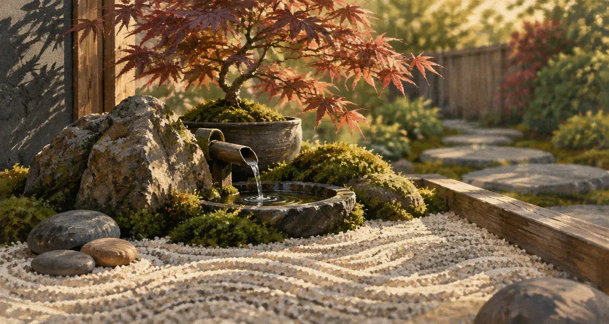 Décoration jardin zen : gravier clair, fontaine et érable du Japon
