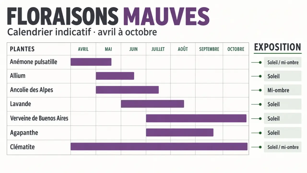Calendrier de floraison pour choisir une plante fleur mauve au jardin