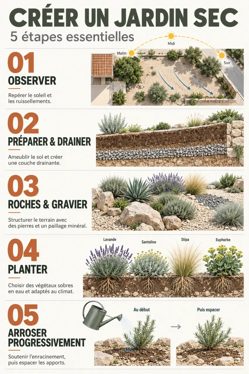 Étapes de création de jardins secs : sol drainé, gravier, plantation et arrosage initial