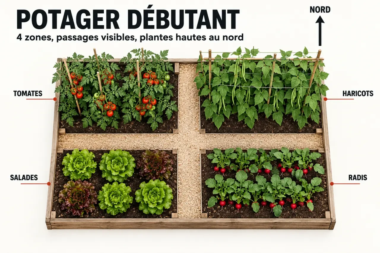 Plan de potager débutant avec quatre zones de culture, passages et orientation nord