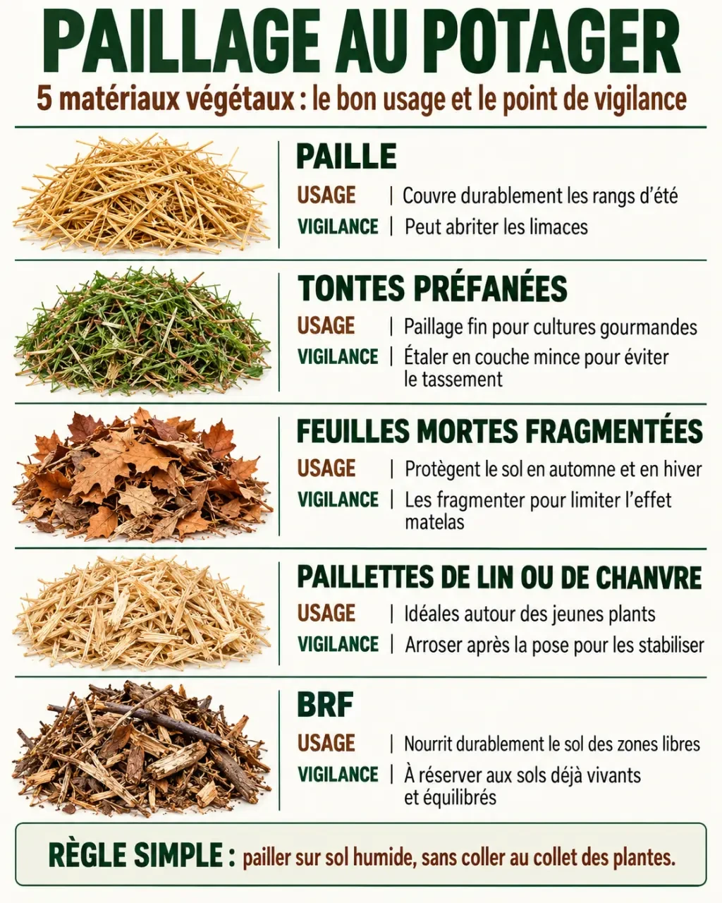 Infographie sur le paillage potager et les précautions selon les matériaux