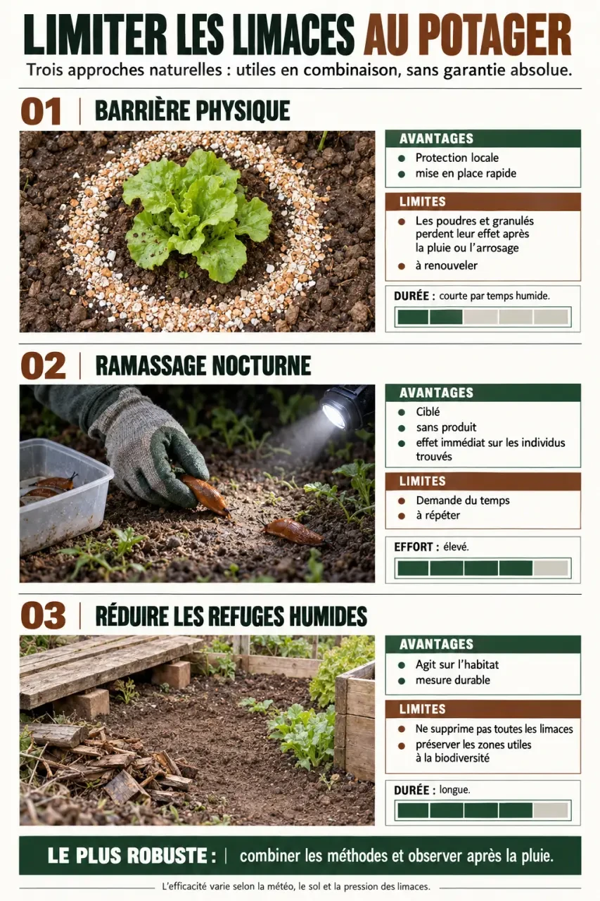 Répulsif limaces naturel : comparaison des barrières, du ramassage nocturne et de la gestion de l’humidité