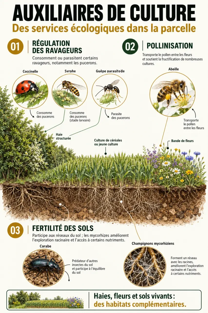 Infographie sur les auxiliaires de culture, leurs rôles dans la régulation des ravageurs, la pollinisation et la fertilité des sols