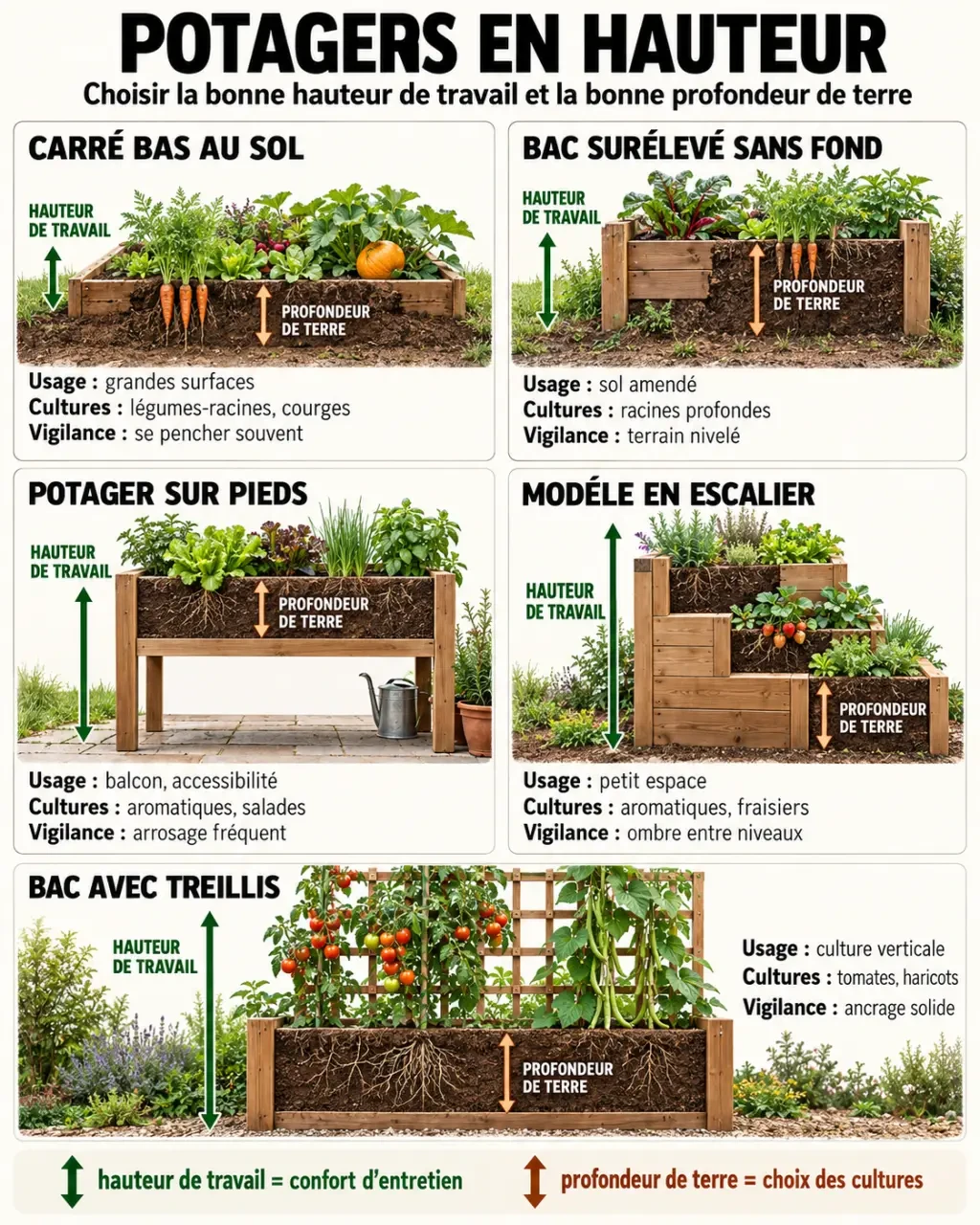 Infographie comparative des modèles de potager en hauteur et de leur profondeur de terre
