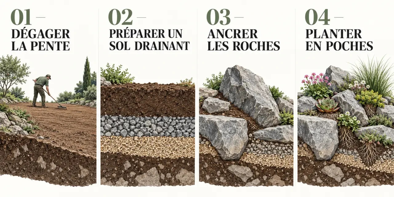 Illustration des étapes pour faire une rocaille dans un jardin