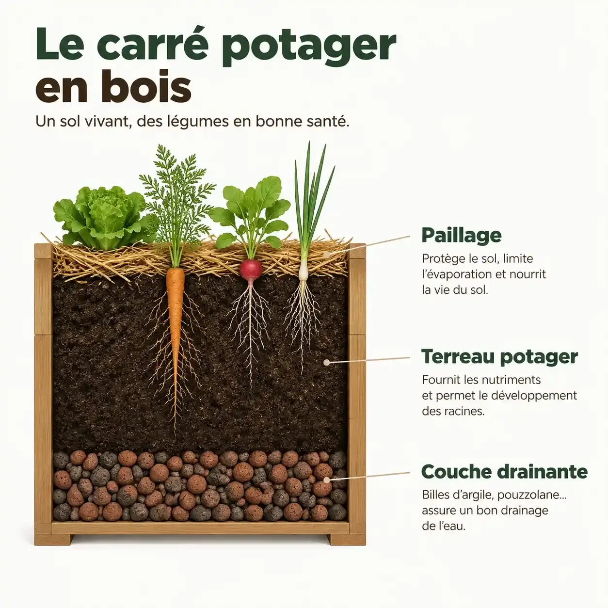 Schéma en coupe des couches d'un carré potager avec drainage, terreau potager et paillage