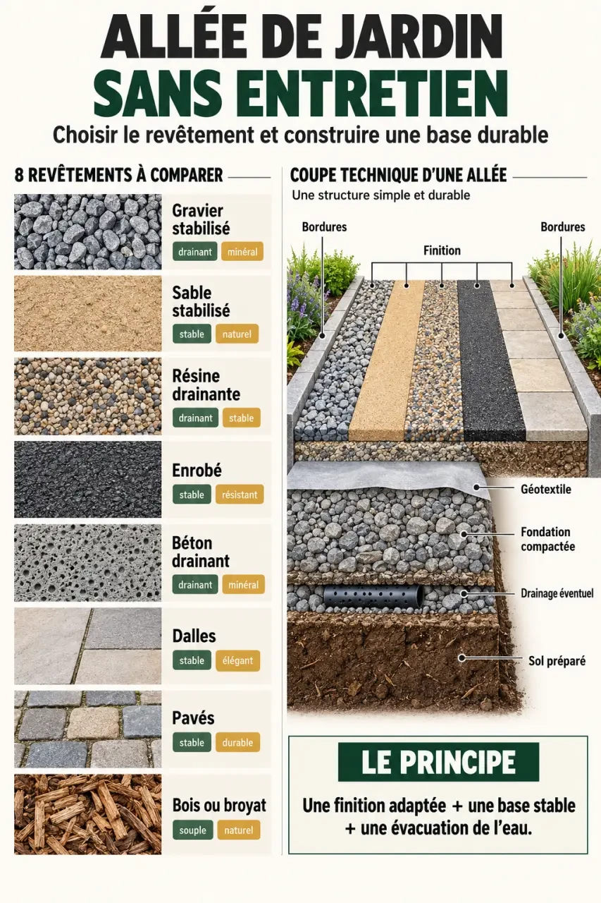 Infographie des revêtements et des couches d’une allée de jardin sans entretien