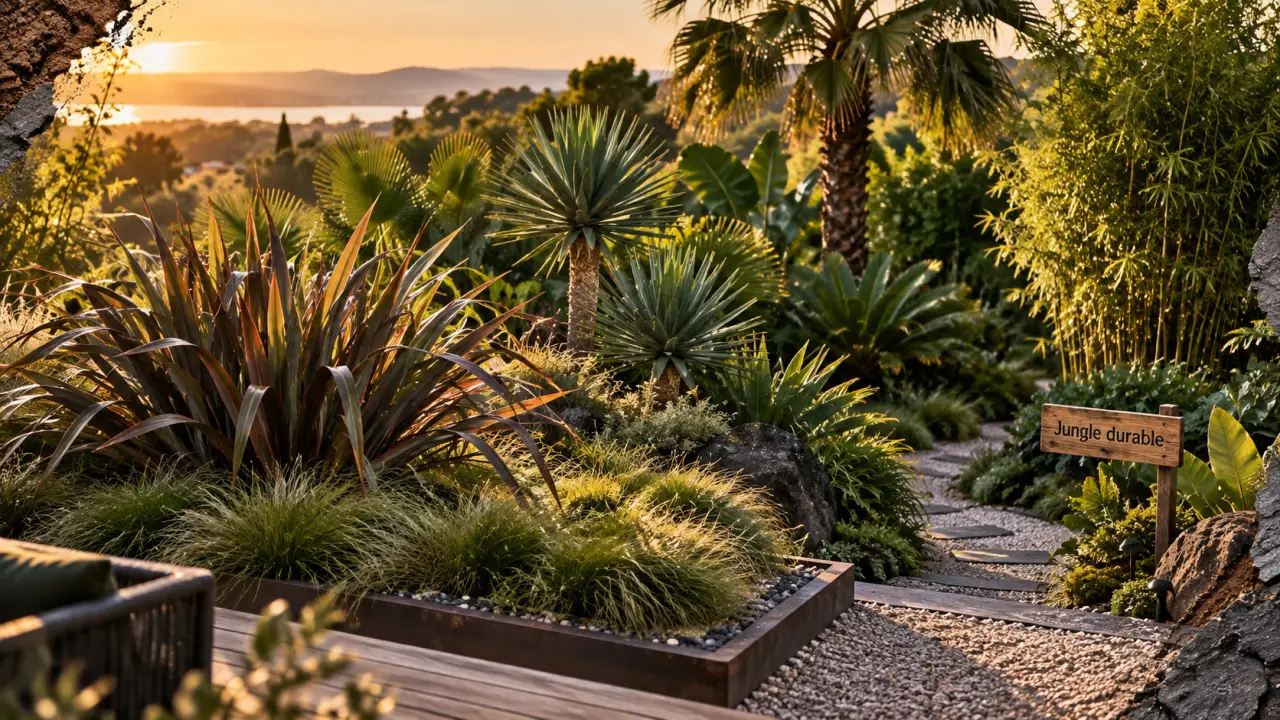Idée massif exotique : yuccas phormium et drainage hivernal