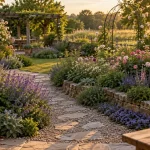 Jardin cottage fleuri au coucher du soleil, népéta et rosiers