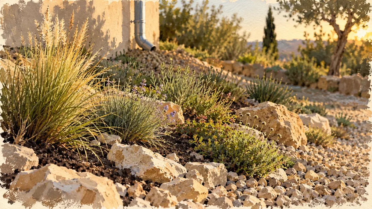 Jardin secs avec drainage, graviers et plantes xérophytes