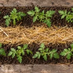 Paillage potager avec paille entre jeunes plants de tomate